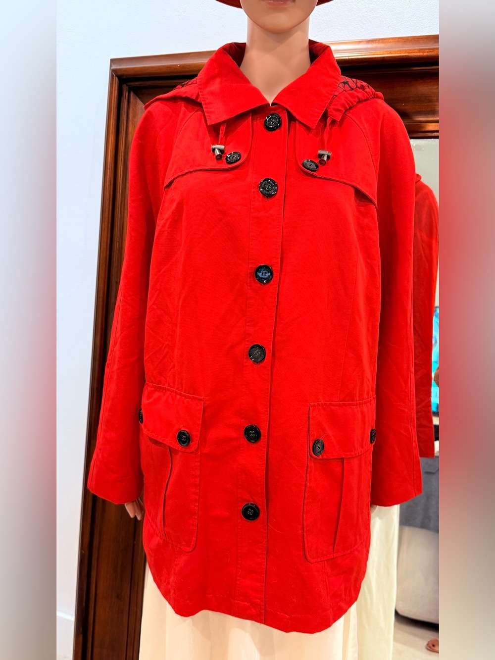Dennis Basso Red Water Resistant, Lined Trench Jacket w/ Detach Hood Size Large